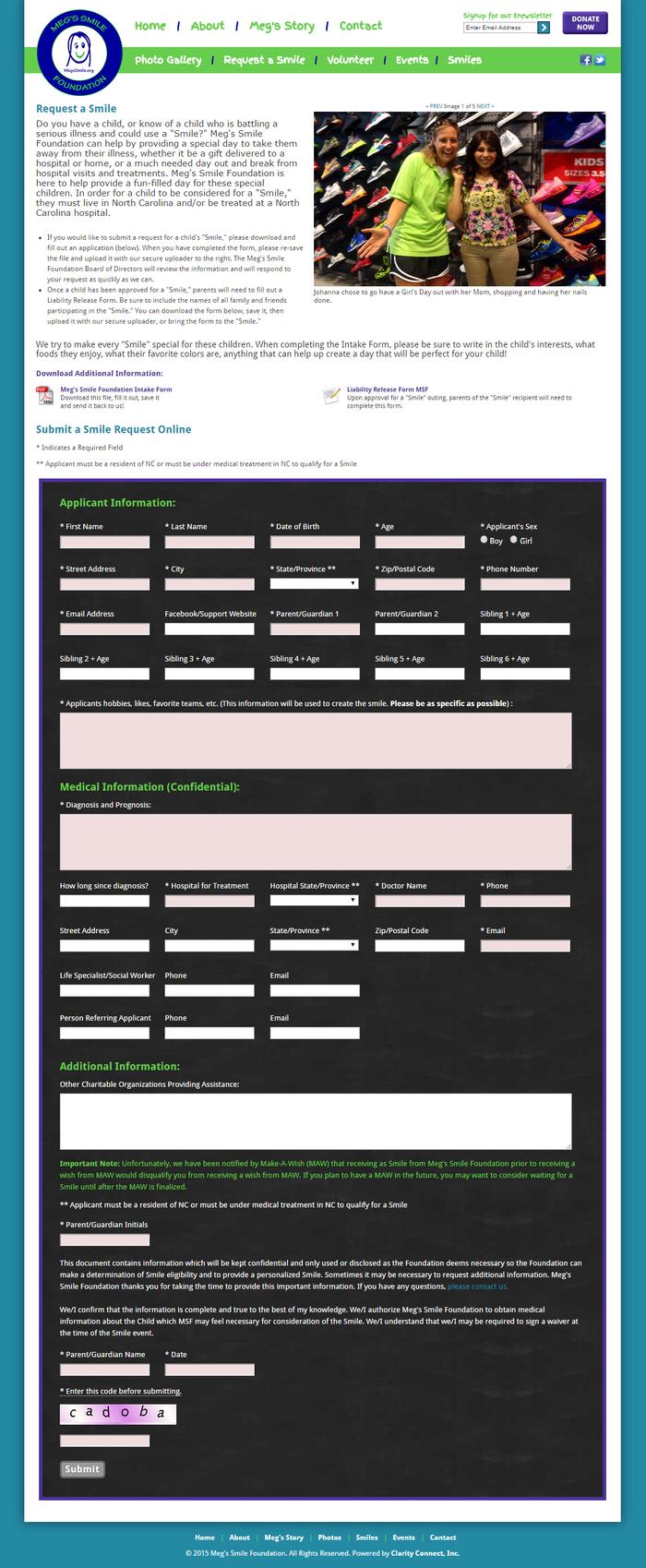Form built for Meg's Smile Foundation so they can receive Smile Requests online