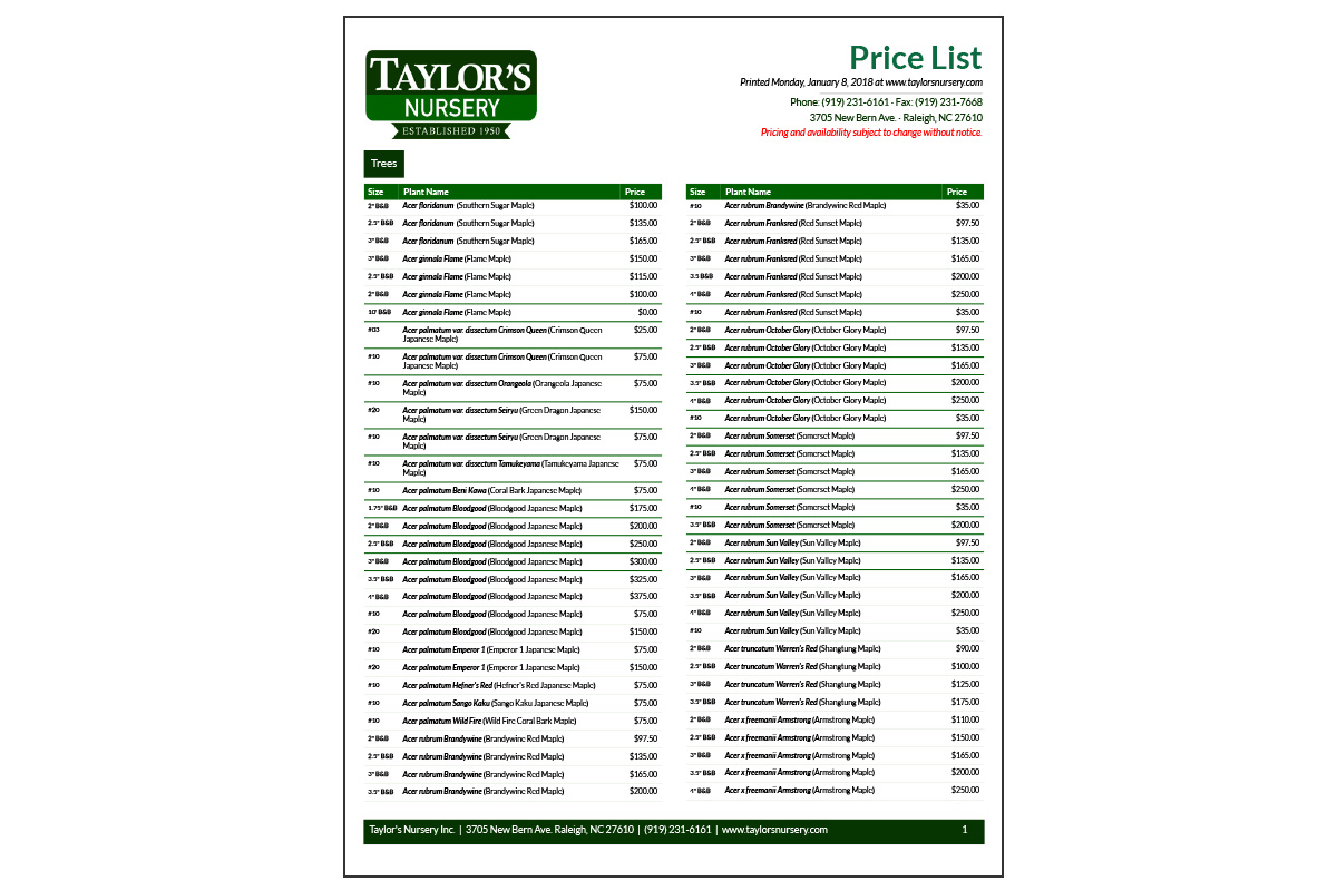 <strong>Taylor's Nursery Price List - No photos</strong>