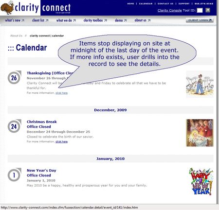 Calendar summary page displays critical event information. Clicking on the event record opens the corresponding detailed page, if one existis. See next image as an example. 