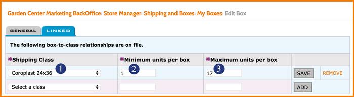 You can easily assign one or more shipping classes(1) to a standard box. Enter the minimum(2) and maximum(3) number of products assigned to the shipping class that will fit in the box. 